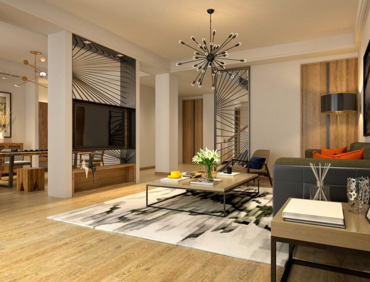 Stylish living room showcasing a unique chandelier, artistic wall decorations, and a modern aesthetic with rich wooden tones and contemporary furniture.